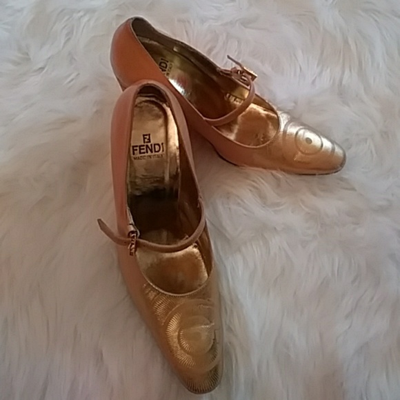 Fendi Gold Embossed Wedge Heels - Picture 5 of 6